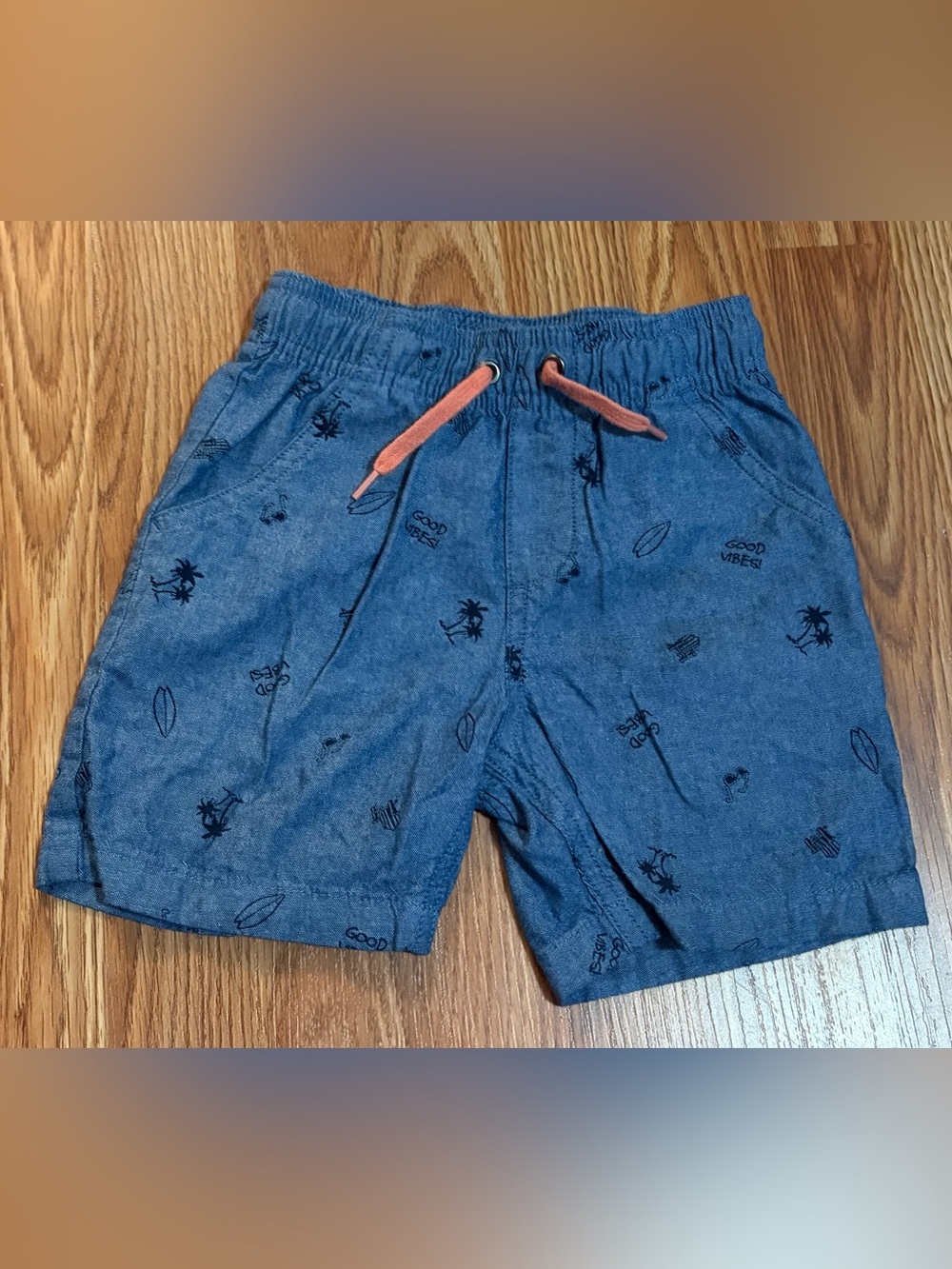 (3/$7) George Blue Printed Pull-On Shorts with Coral Drawstring